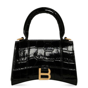 Balenciaga Hourglass Mini Handbag With Chain Crocodile Embossed Black