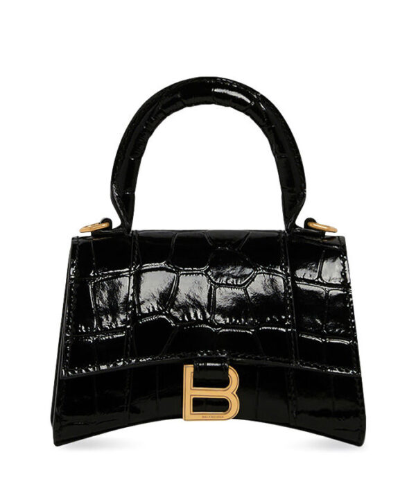 Balenciaga Hourglass Mini Handbag With Chain Crocodile Embossed Black