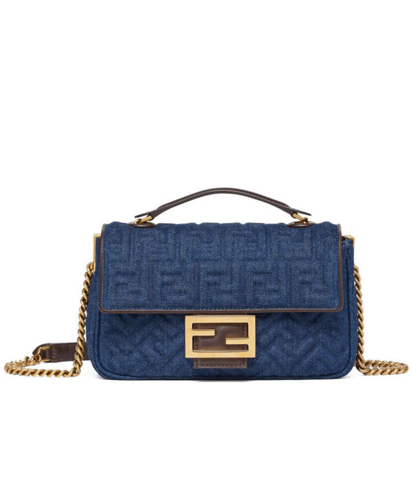 Fendi Baguette Chain Midi Denim Bag 8BR793 Blue