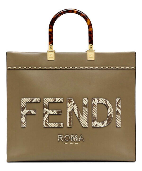 Fendi Sunshine Medium Leather And Elaphe Shopper 8BH386 Khaki