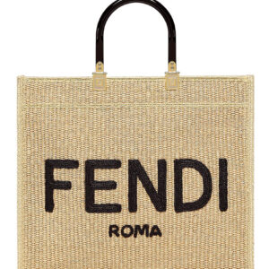 Fendi Medium Embroidered Straw Tote Bag Apricot