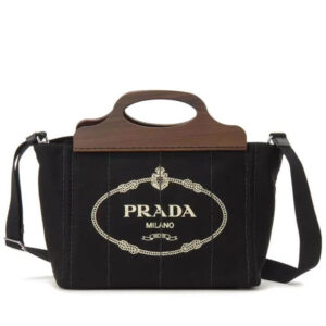 Prada Wooden Handle Canvas Tote Bag Black