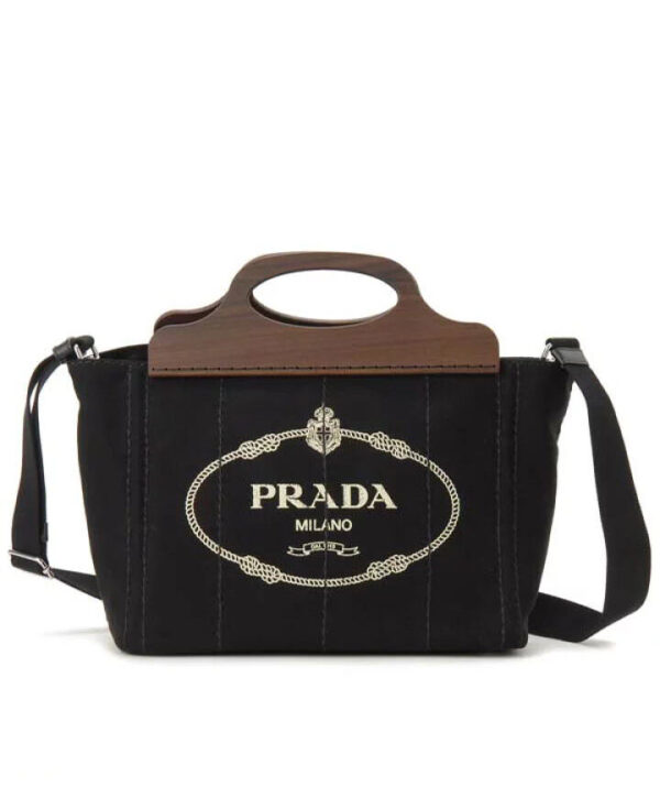 Prada Wooden Handle Canvas Tote Bag Black