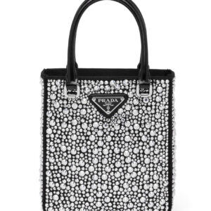 Prada Small crystal-studded satin tote bag 1BA331 Black