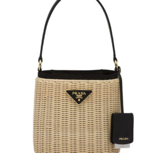 Prada Wicker And Canvas Bucket Bag 1BE062 Black