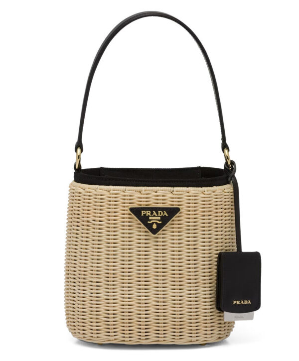 Prada Wicker And Canvas Bucket Bag 1BE062 Black