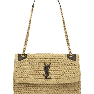 Saint Laurent Niki Medium Chain Bag In Raffia And Leather Apricot