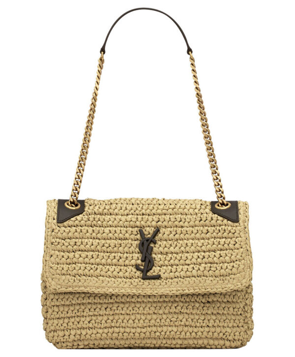 Saint Laurent Niki Medium Chain Bag In Raffia And Leather Apricot