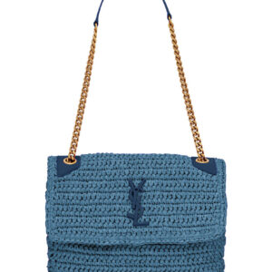 Saint Laurent Niki Medium Chain Bag In Raffia And Leather Blue