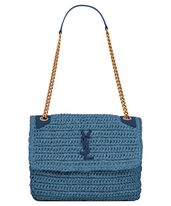 Saint Laurent Niki Medium Chain Bag In Raffia And Leather Blue