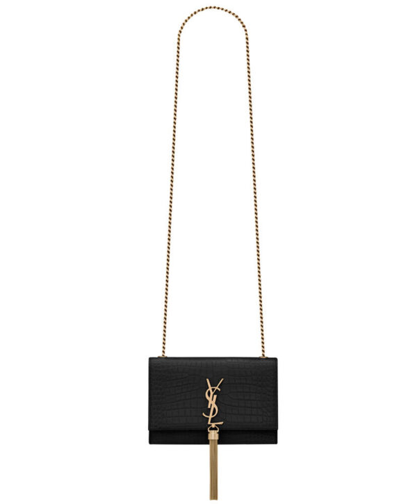 Saint Laurent Kate Small With Tassel In Embossed Crocodile Shiny Leather Black