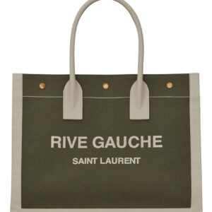 Saint Laurent Rive Gauche Small Tote Bag In Linen And Leather Green