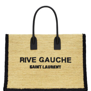 Saint Laurent Rive Gauche Tote Bag In Raffia And Leather Apricot