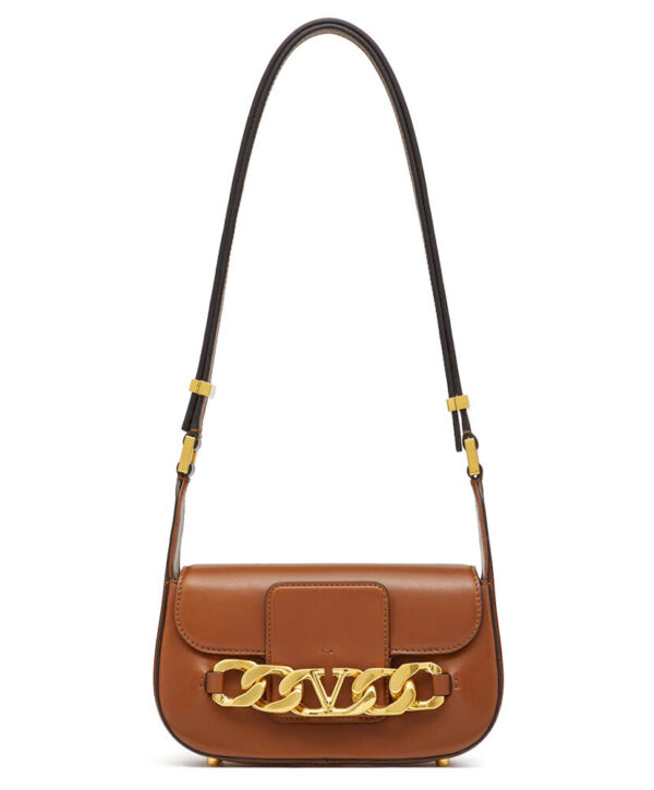 Valentino Vlogo Chain Small Laminated Nappa Shoulder Bag Coffee