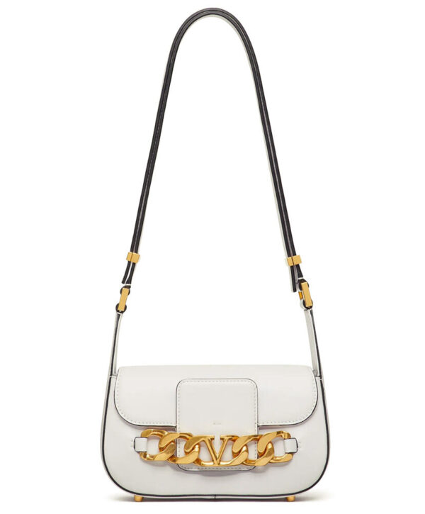 Valentino Vlogo Chain Small Laminated Nappa Shoulder Bag White