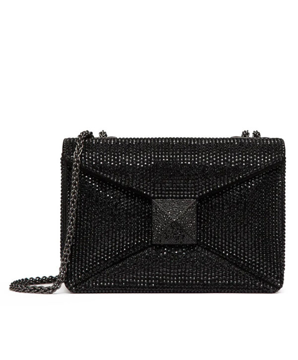 Valentino One Stud Embroidered Bag With Chain Black