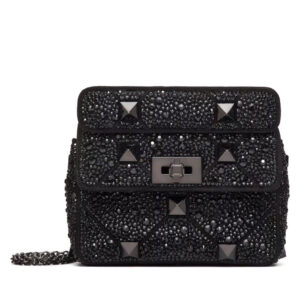 Valentino Small Roman Stud The Shoulder Bag And Chain With Sparkling Embroidery Black