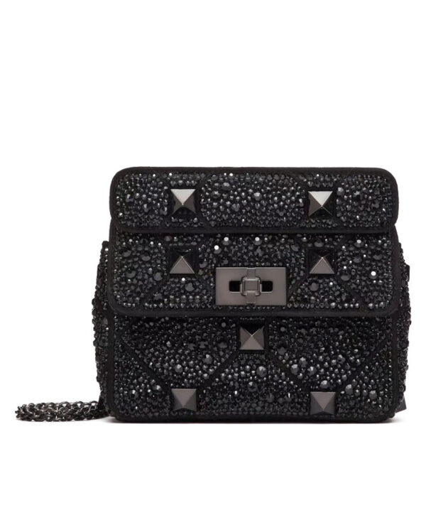 Valentino Small Roman Stud The Shoulder Bag And Chain With Sparkling Embroidery Black