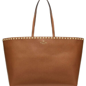 Valentino Large Calfskin Leather Rockstud Shopping Bag Coffee