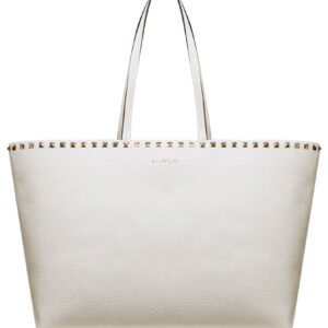 Valentino Large Calfskin Leather Rockstud Shopping Bag Cream