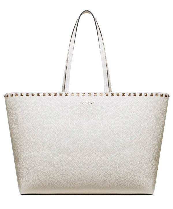 Valentino Large Calfskin Leather Rockstud Shopping Bag Cream