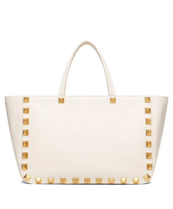 Valentino Roman Stud Grainy Calfskin Tote Bag White